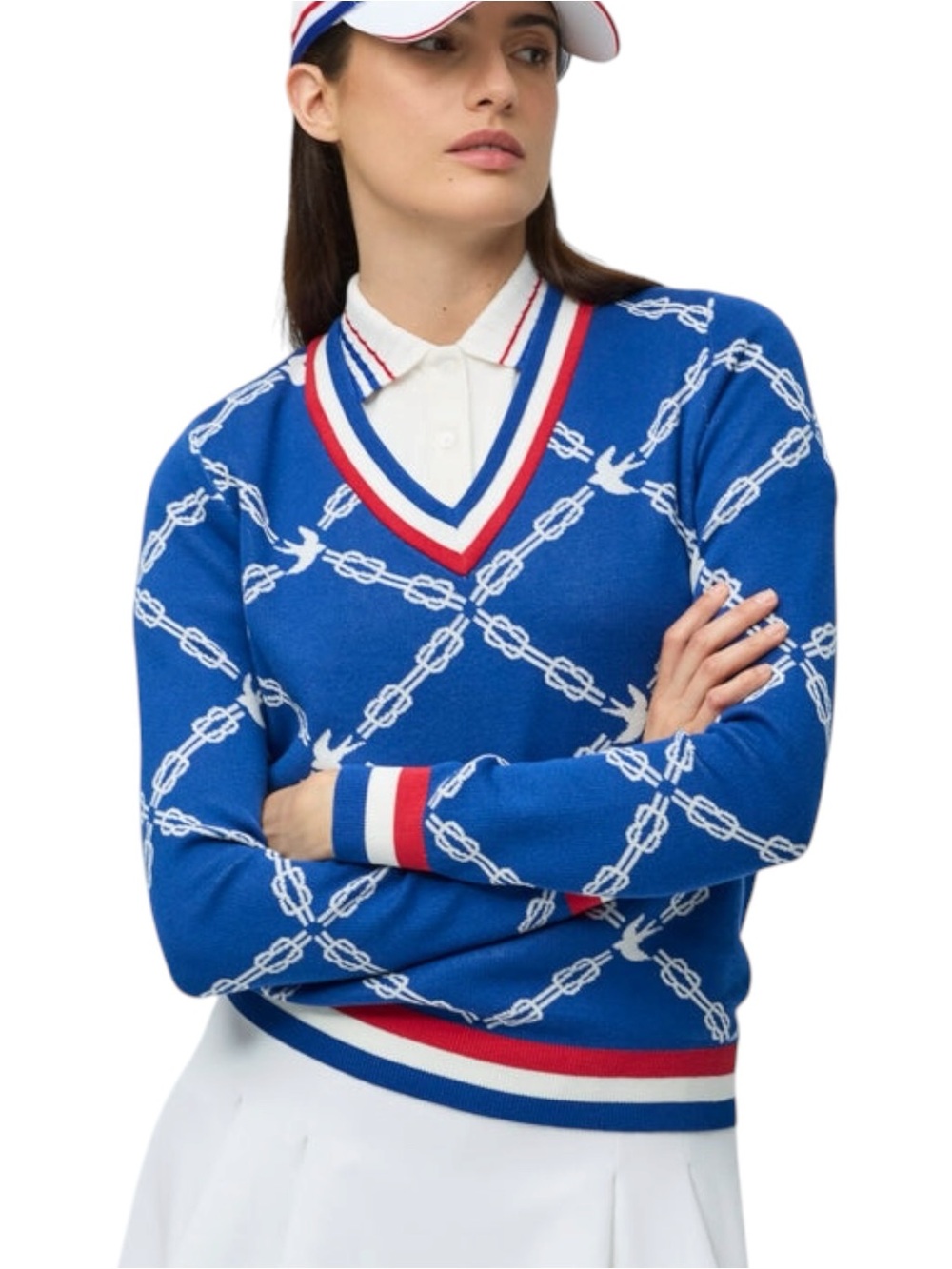Tilley Birdie Links V-Neck Jacquard Sweater Blue Red White Size Small Like New